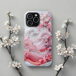 Sakura Clouds MagSafe iPhone-hoesje - Pink Cherry Blossom & Waves omslagontwerp voor iPhone 16 tot en met iPhone 13 Pro Max, perfect cadeau voor haar