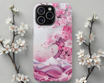 May include: A smartphone case featuring a layered paper-cut style design of a stylised wave in shades of pink and purple, accented with white mountain peaks and clusters of pink cherry blossoms, with a black camera lens array at the top.