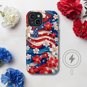 MagSafe American Floral iPhone Case, Red White and Blue, Patriotic Phone Cover, Memorial Day iPhone 17, Pro Max, iPhone 16, 15, 14, 13
