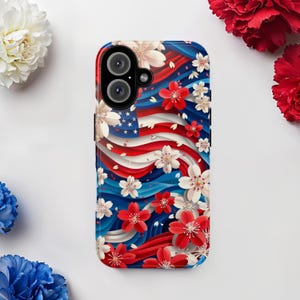 American Floral Wave iPhone Tough Case, Red, White, Blue Patriotic 4th of July Phone Cover Memorial Day iPhone, Google, 250th Gift for Her
