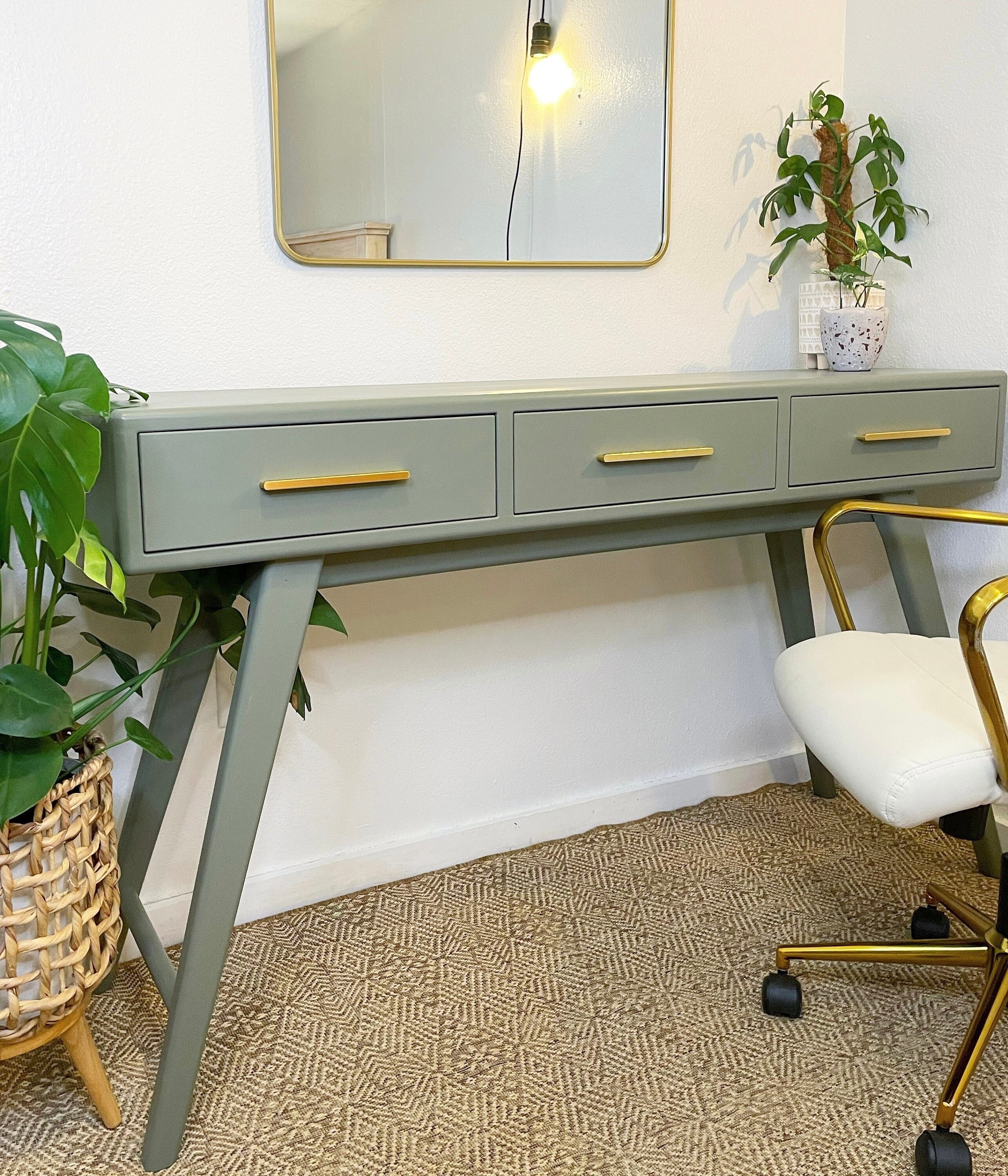 Console Desk~ Sage Green Desk~ Mid-century Modern Furniture~ Three Drawer  Desk~ Solid Wood Furniture~ Handmade Furniture