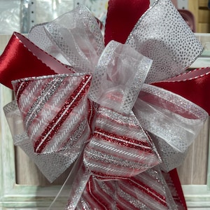 Red and white glitter bow handmade sparkle tree topper wreath lantern deco Christmas holiday