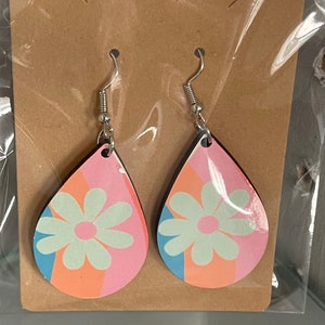 Groovy Daisy Earrings handmade pink white blue flower unique women dangle gift teacher friend