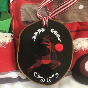 Wood slice ornament gift reindeer wooden rudolph red nose handmade gift holiday Christmas