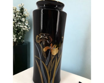Vintage Gold Iris Vase Black and Gold Floral Art Stamped Japan