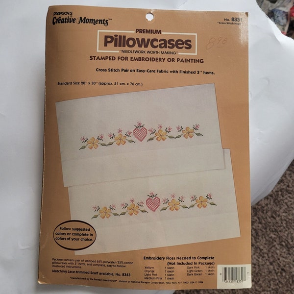 Paragon's Creative Moments #833 Cross Stitch Heart Stamped Premium Pillowcases Stamped for Embroidery or Painting 1984