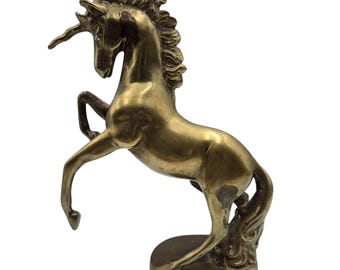 Vintage Brass Rearing Unicorn Figurine With Flowing Mane & Tail