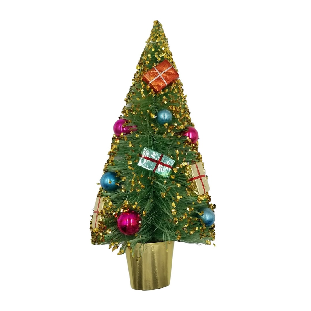 Red and White Bottle Brush Trees with Ornaments main image 1