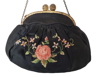 Black Kiss Lock Clasp Purse Vintage Hand Embroidered Rose Vines and Flowers