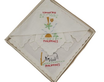 Vintage Philippines Hand Embroidered Handkerchiefs / Hankies. Three in Original Box