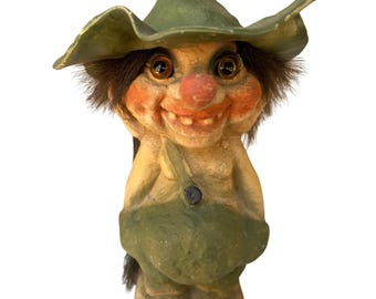 Vintage Norwegian Troll Doll Figurine With Long Nose, Green Hat & Overalls Folk Art Collectible