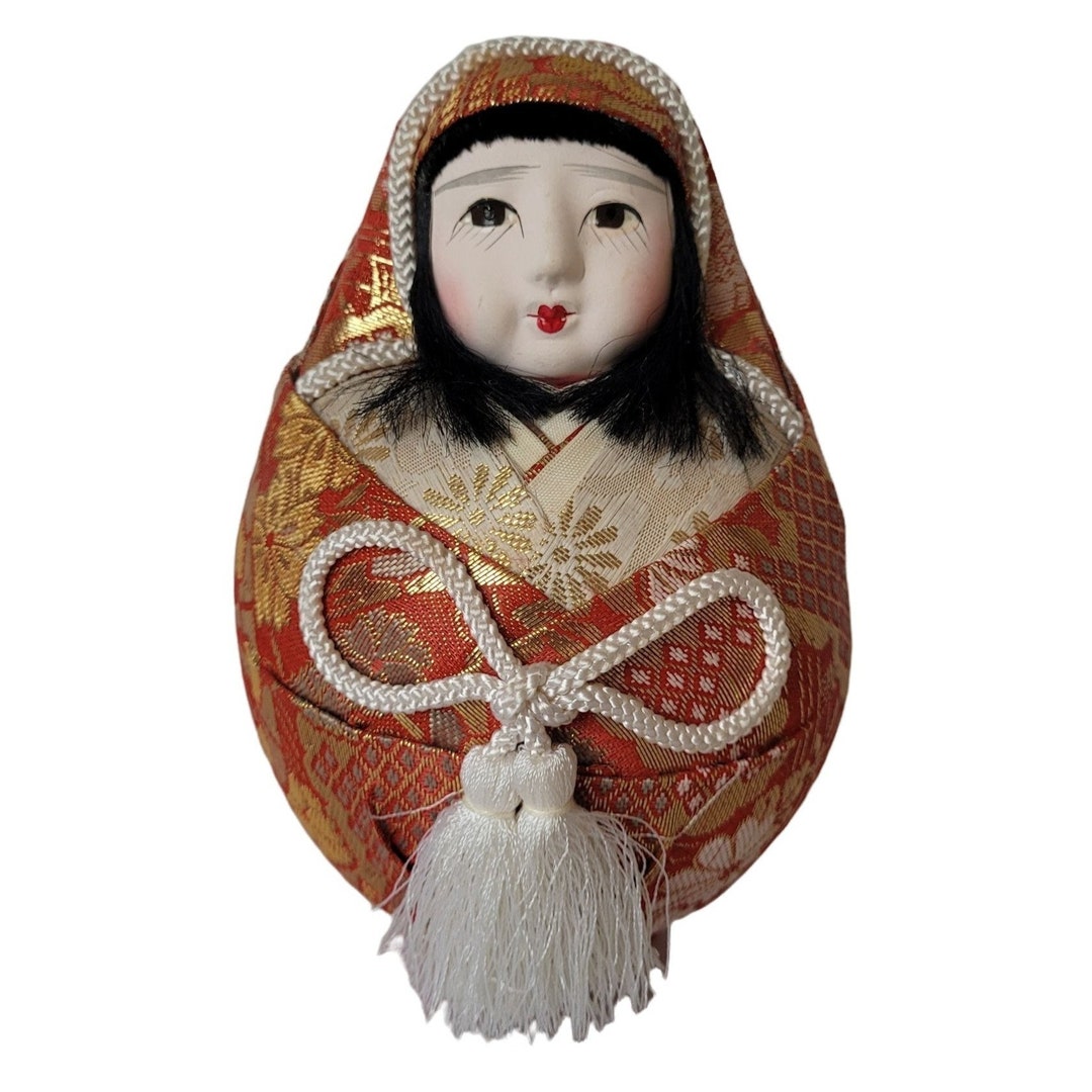 Vintage Japanese Wedding Doll Roly Poly Hime Daruma Metallic Silk