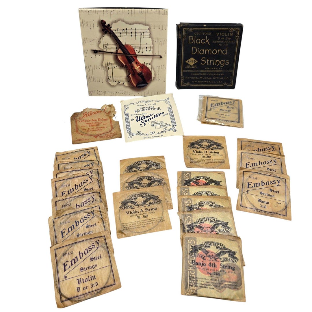 Vintage Instrument, Banjo, Violin Strings Lot & Musical Note Cards Set ...