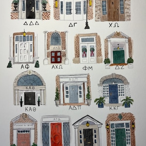 May include: Watercolor illustration of 12 different house fronts, each with a unique door and a Greek letter sorority name below. The houses are painted in shades of brown, red, and green.
