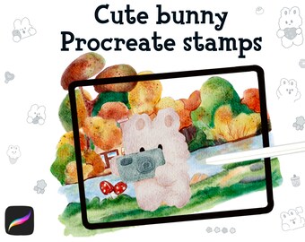 Cute Bunny Procreate Stamps, 40 pcs + 6 PNG Stickers (Digital Download)
