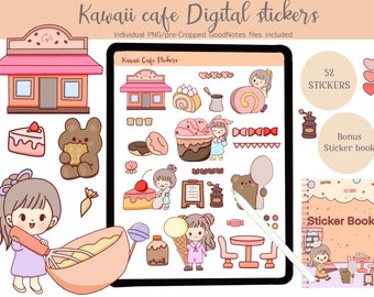 Cute cafe digital stickers| Goodnotes stickers| kawaii| cute girl| cafe| coffee| dessert| precropped| PNG