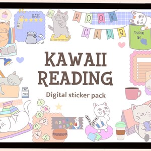 Reading digital stickers| Goodnotes stickers|cute reading|kawaii| cat| school| college| bookworm| functional stickers|precropped| PNG