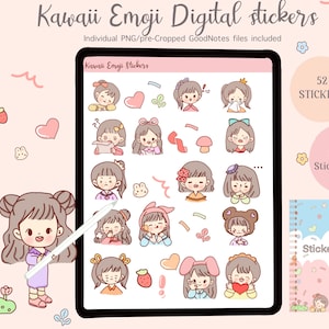 Cute girl digital sticker pack| kawaii goodnotes stickers| pink|kawaii emoji| cute emotis digital planner stickers| precropped PNG