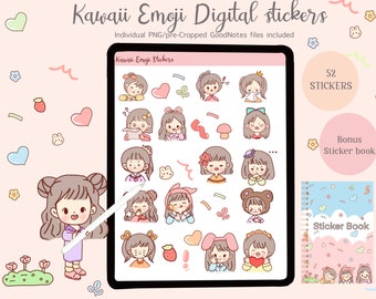 Cute girl digital sticker pack| kawaii goodnotes stickers| pink|kawaii emoji| cute emotis digital planner stickers| precropped PNG