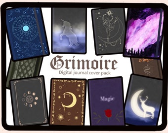May include: A digital journal cover pack called "Grimoire" with 10 different designs. The covers feature a variety of themes, including astrology, unicorns, deer, and magic.