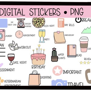 May include: A digital sticker sheet with illustrations of various activities, including a pizza slice, a coffee cup, a workout, a birthday cake, a shopping bag, and a phone call. The stickers are in a variety of colors and styles, and they are perfect for adding a personal touch to planners, journals, and other items.