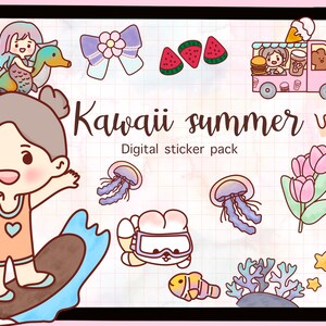 以下が含まれることがあります： かわいい夏のデジタルステッカーパック。サーフィンをする女の子、クラゲ、花、スイカ、フードトラック、リボン、ヒトデのイラストが描かれています。