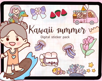 かわいい夏のステッカー | かわいいデジタルプランナーステッカー (25枚のPNG画像)