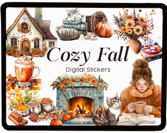 Puede incluir: Un conjunto de pegatinas digitales con temas acogedores de otoño. Las pegatinas incluyen una cabaña, una chimenea, un gato, una mujer leyendo un libro, una taza de café y un jarrón de flores. El texto "Cozy Fall Digital Stickers" está incluido en la imagen.