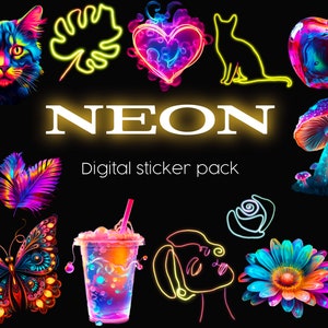 Puede incluir: Un paquete de pegatinas digitales con temática neón. Las pegatinas presentan una variedad de diseños, que incluyen un gato, un corazón, una hoja, un hongo, una mariposa, una rosa, una pluma, una bebida, una cara de mujer, una margarita y un gato. El texto "NEON" y "Paquete de pegatinas digitales" también está incluido.