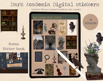 Puede incluir: Pegatinas digitales con temática Dark Academia. La imagen presenta una tableta que muestra varias pegatinas, incluyendo un busto, un gramófono y una estantería. El texto en la imagen dice "Dark Academia Digital Stickers" y "70 Stickers". También se muestra un libro de pegatinas de bonificación.