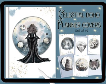 Celestial boho digital planner cover| Goodnotes planner covers| boho| witchy notebook covers| aesthetic planner covers| digital cover set