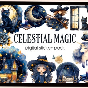 May include: A digital sticker pack with a celestial theme. The stickers feature a witch, a unicorn, a black cat, a house, a crescent moon, a teacup, and a candle. The stickers are all in shades of blue, black, and gold.