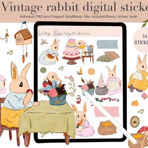Cute rabbit digital stickers| Goodnotes stickers| vintage| watercolor| precropped| PNG