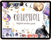 Celestial digital stickers| Goodnotes stickers| zodiac| watercolor| stars| gold| purple moon| galaxy| magic| PNG