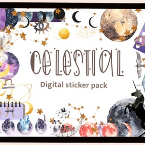 Celestial digital stickers| Goodnotes stickers| zodiac| watercolor| stars| gold| purple moon| galaxy| magic| PNG