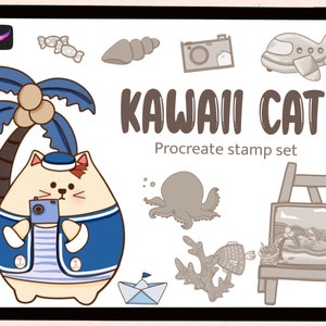Cat procreate stamps, kawaii procreate stamps, stamp brushes, procreate cute stamps, animals procreate stamps, procreate nautical stamps