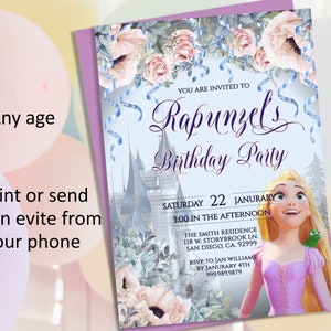 Editable TANGLED BIRTHDAY INVITATION, Any age, Rapunzel, dusty rose florals, romantic castle, diy edit and print, digital download, 17-bp(1)