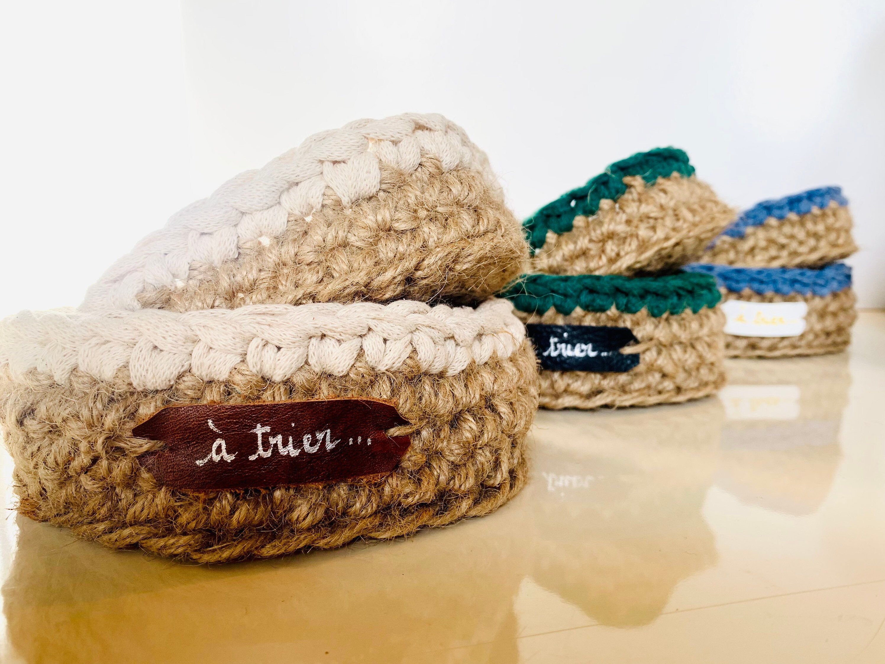 Lot de 2 Corbeilles Gigognes/ Paniers Rangement Ficelle Jute Au Crochet, Vide-Poches, Étiquette Cuir