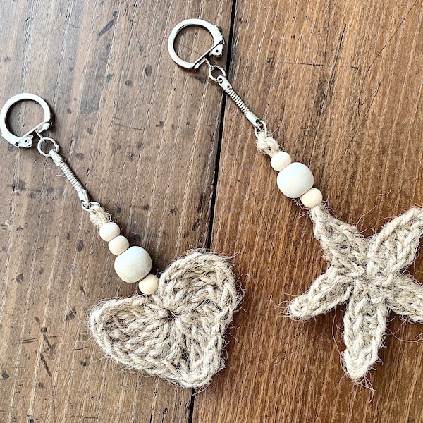 Heart or star key ring - handmade crochet jute and wooden beads