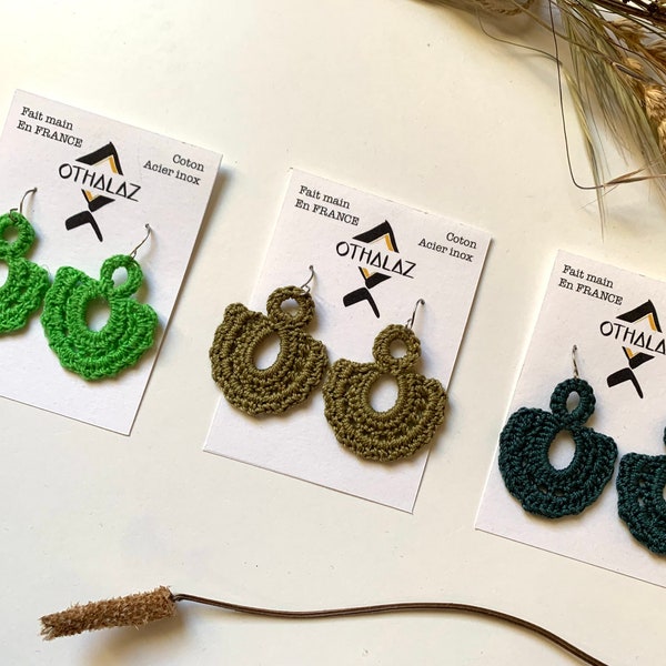 Boucles d oreilles au crochet BOHO • 3 coloris: vert vif, vert saule et vert épicéa • boucles d oreilles femme pendantes
