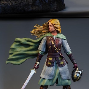 May include: A female figurine wearing chainmail armor, a green cloak, and a brown leather belt with a sword in one hand and a helmet in the other.