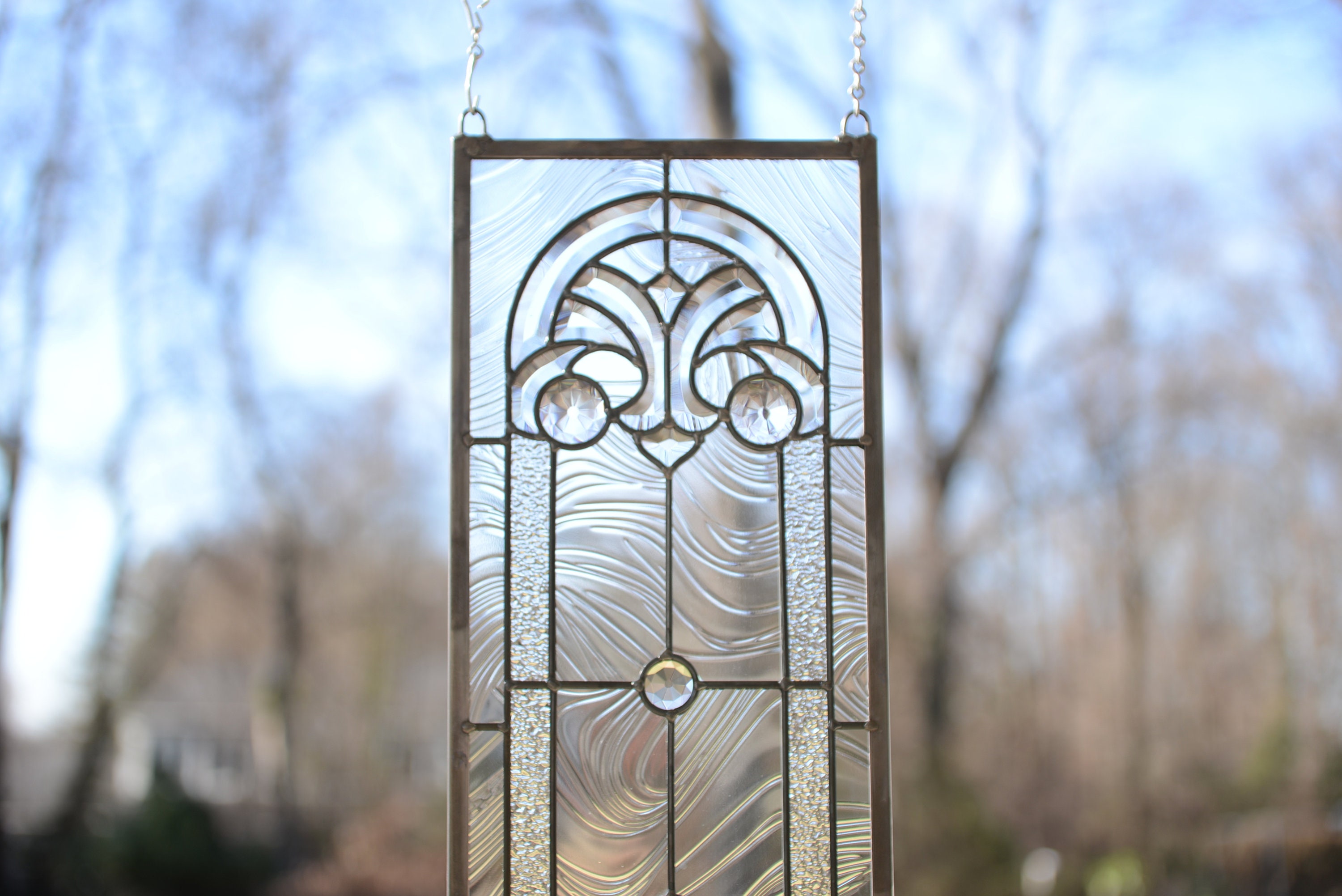 TMI 10x36 Handcrafted Stained Glass Panel – Clear Beveled Window Panel