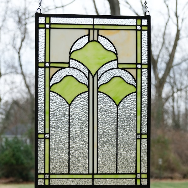16" x 24" Handcrafted Hanging Ginkgo Style Stained Glass Window Panel