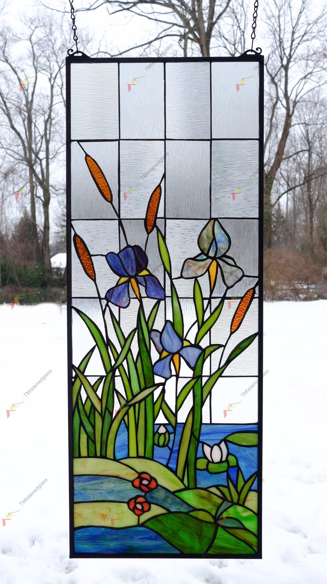 14" X 36" Tiffany Style Stained Glass Panel Window Panel Iris Flower ...