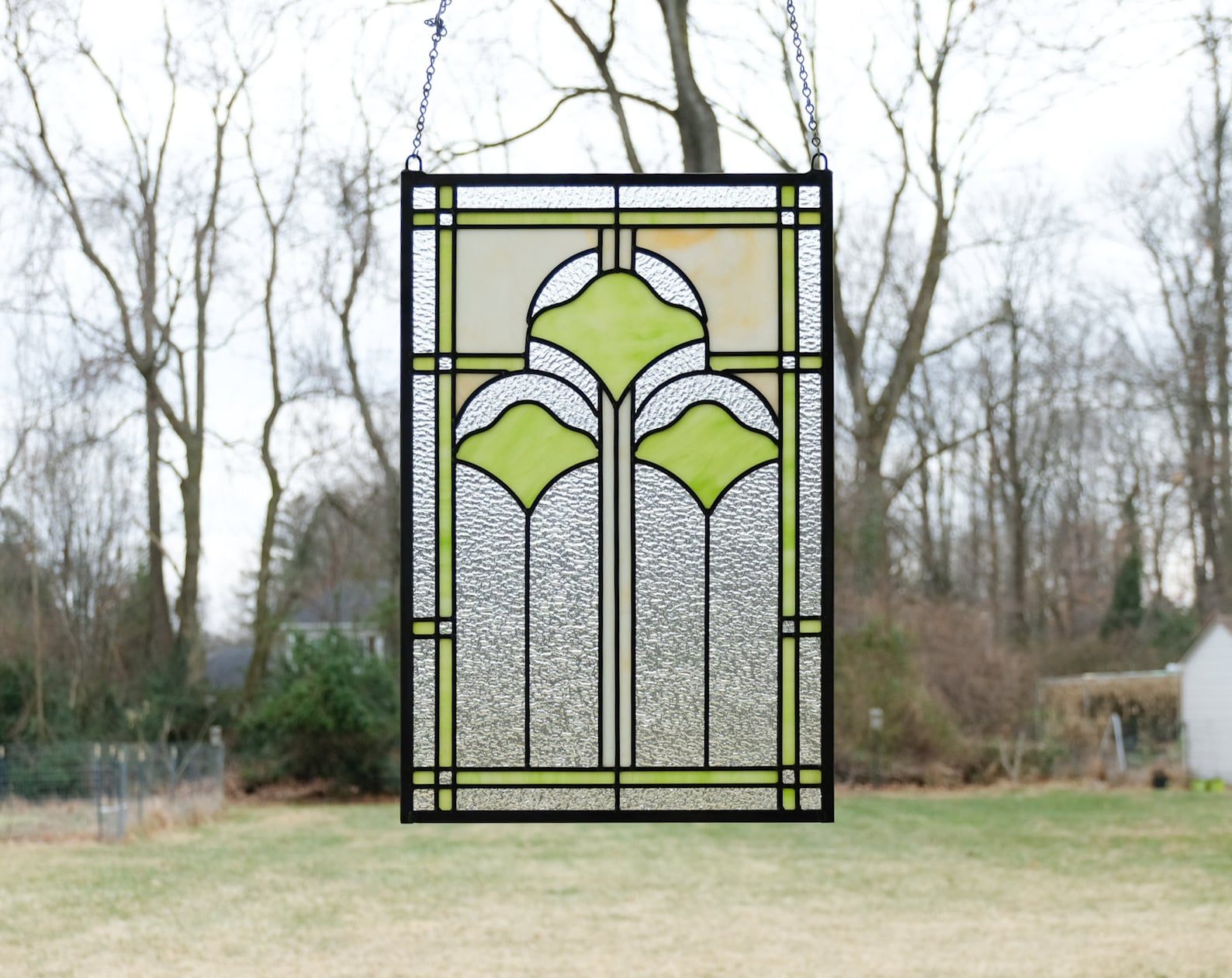 16" x 24" Handcrafted Hanging Ginkgo Style Stained Glass Window Panel