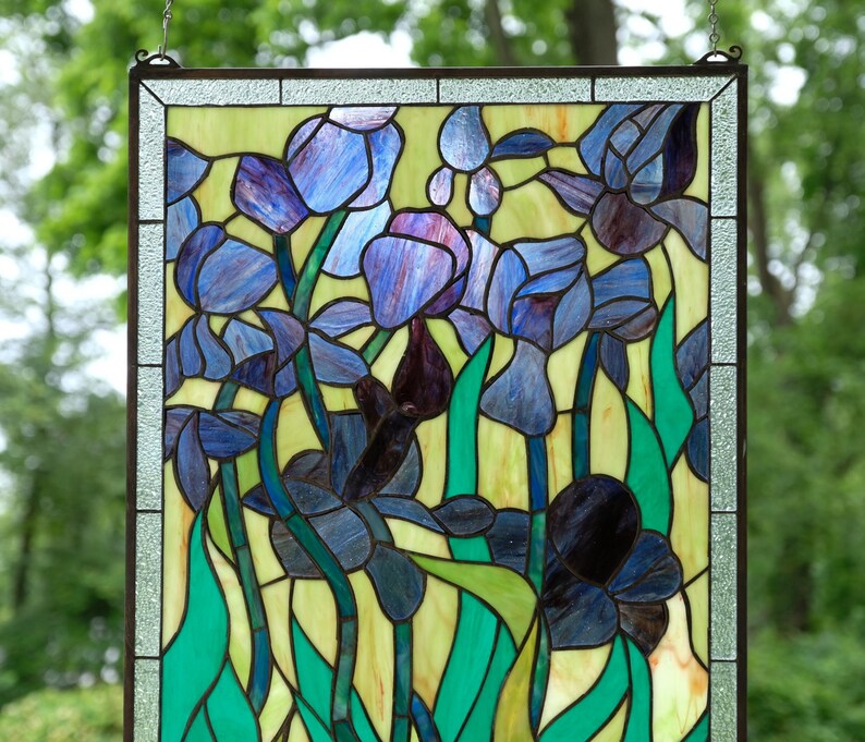 20" X 34" Tiffany Style Stained Glass Panel Window Panel Iris Flower ...