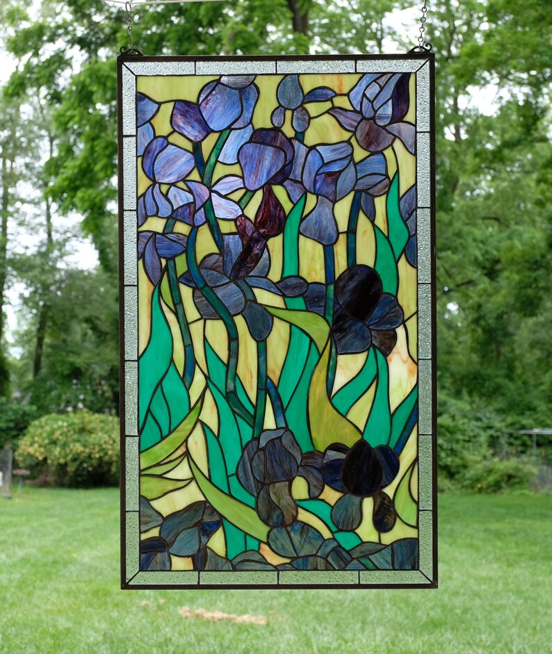 20" X 34" Tiffany Style Stained Glass Panel Window Panel Iris Flower ...