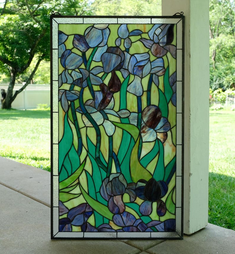 20" X 34" Tiffany Style Stained Glass Panel Window Panel Iris Flower ...