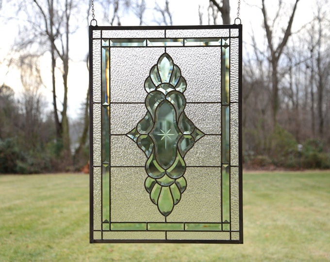 Clear & Green Beveled Glass Stained Glass Panel Hanging Window Panel 19" x 27"
