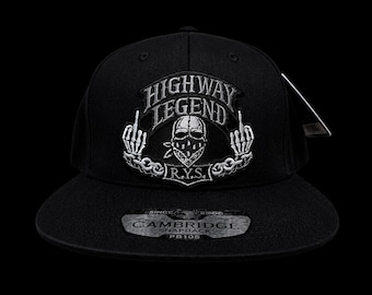 HIGHWAY LEGEND Snapback Hat | R.Y.S. Biker Cap | Embroidered Skull Trucker Hat | Urban Motorcycle Streetwear | Custom Rider Hat
